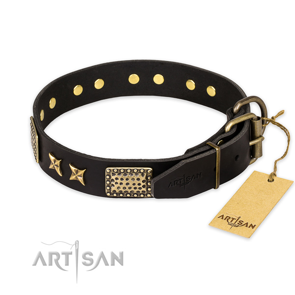 Handy use natural genuine leather collar with embellishments for your four-legged friend