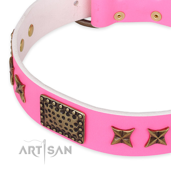 Easy to adjust leather dog collar with extra sturdy durable hardware