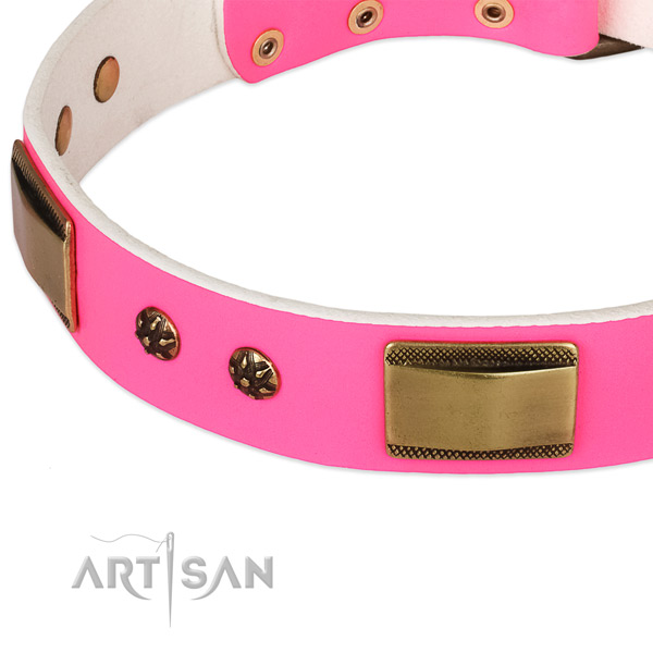 Everyday use natural genuine leather collar with durable buckle and D-ring