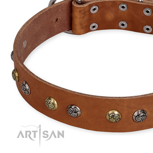 Adjustable leather dog collar with resistant to tear and wear non-rusting buckle and D-ring