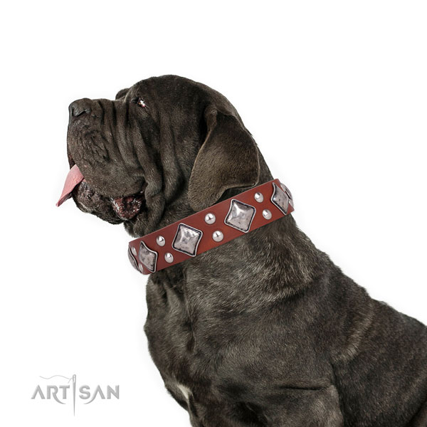 Mastiff stylish genuine leather dog collar for easy wearing title=Mastiff natural genuine leather collar with decorations for basic training