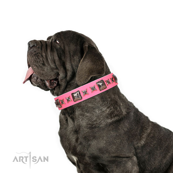Mastiff fashionable natural genuine leather dog collar for stylish walking title=Mastiff full grain genuine leather collar with decorations for everyday use