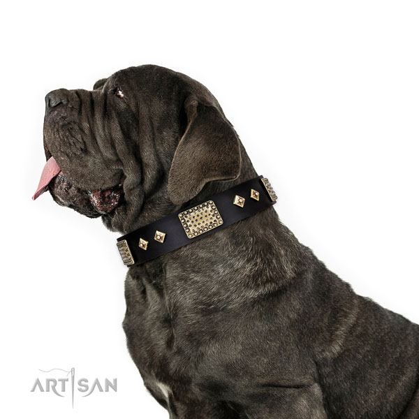 Mastiff easy to adjust genuine leather dog collar for walking title=Mastiff natural genuine leather collar with studs for handy use