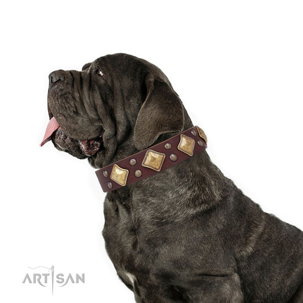 Mastiff embellished full grain leather dog collar for daily use title=Mastiff natural genuine leather collar with adornments for easy wearing