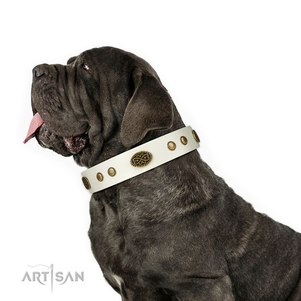 Strong hardware on full grain natural leather dog collar for handy use