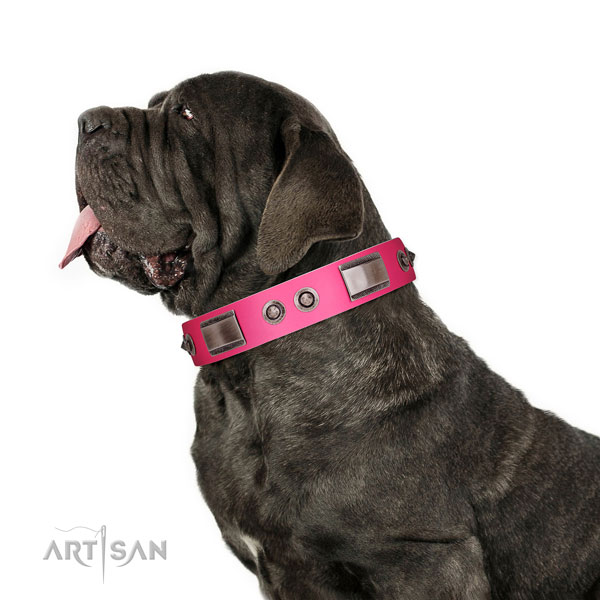 Easy adjustable leather dog collar with adornments