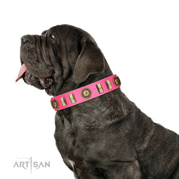 Fashionable genuine leather dog collar with durable fittings