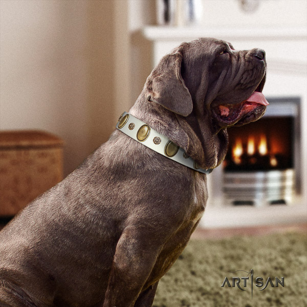 Mastino Neapoletano designer embellished full grain genuine leather dog collar for comfy wearing
