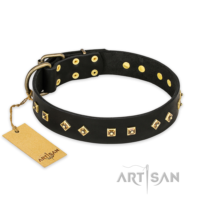 'Rhomb Style' FDT Artisan Mastiff Decorated Black Leather Dog Collar with Old Bronze-Like Plated Studs 1 1/2 inch (40 mm) Wide