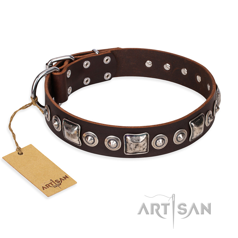 'Pierian spring' FDT Artisan Brown Leather Mastiff Dog Collar with Silvery Decorations - 1 1/2 inch (40 mm) wide