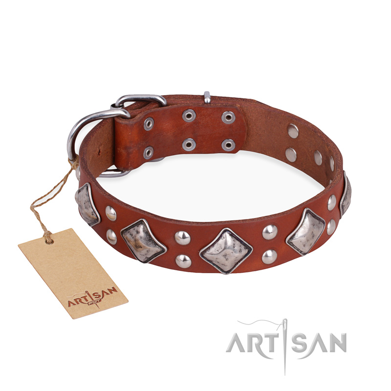 "Magic Squares" FDT Artisan Adjustable Tan Leather Mastiff Collar