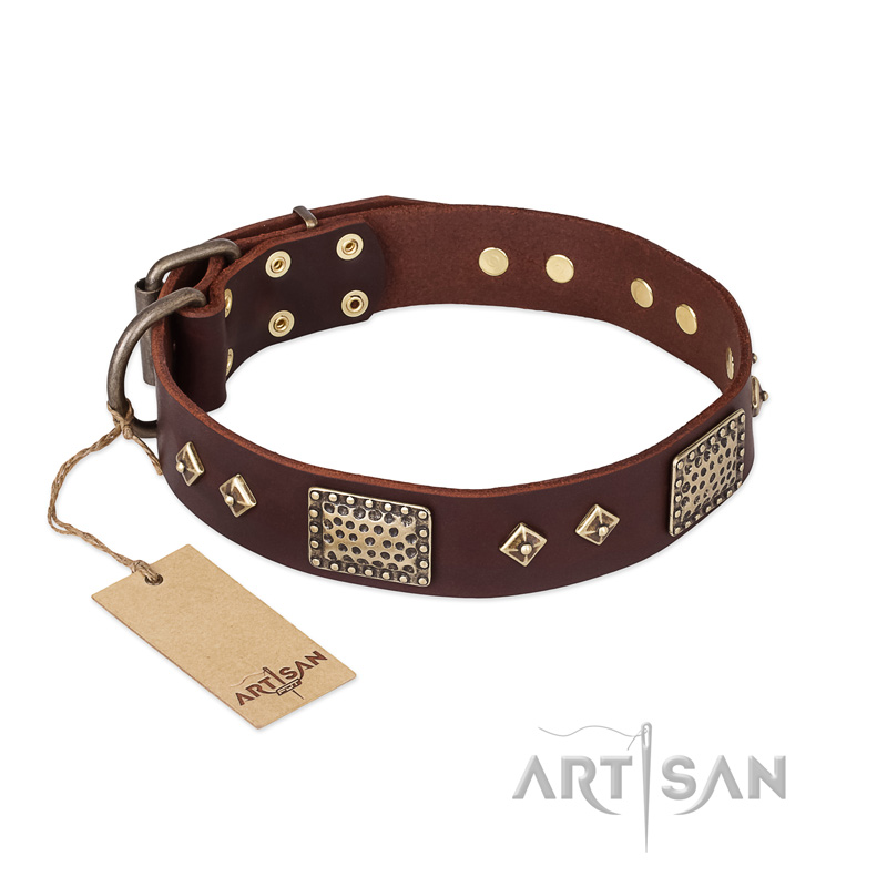 FDT Artisan 'Loving Owner' Decorated Leather Mastiff Dog Collar with Plates and Studs 1 1/2 inch (40 mm)