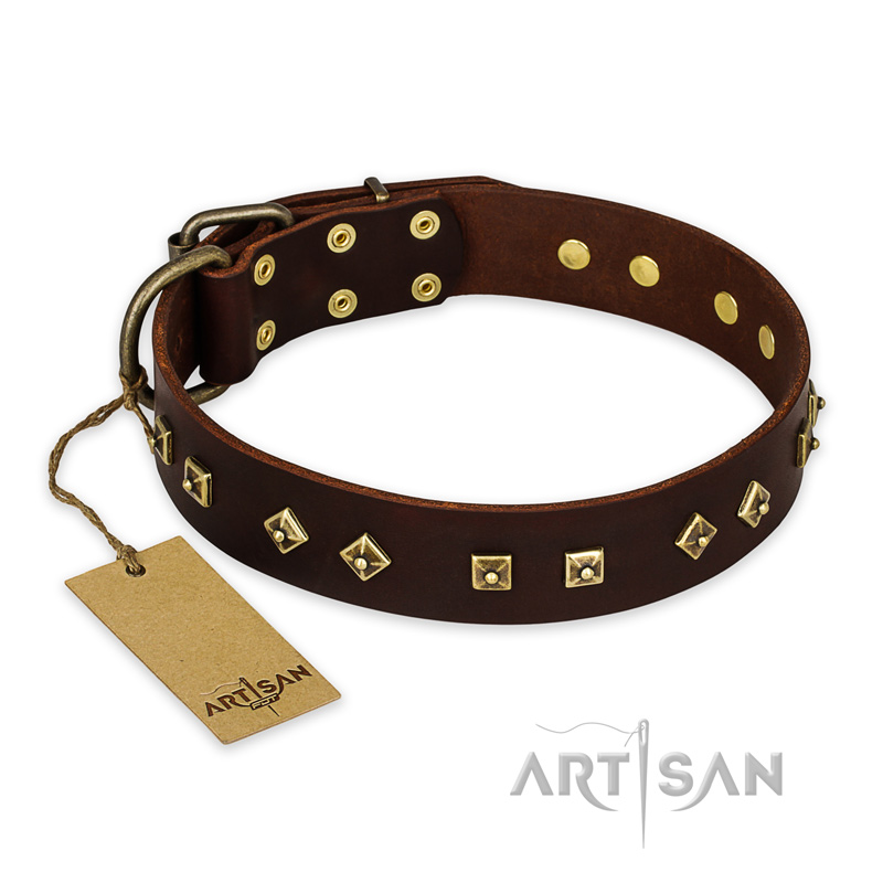 'Fashion Studs' FDT Artisan Decorated Brown Leather Mastiff Collar with Old Bronze-Plated Steel Hardware 1 1/2 inch (40 mm) Wide