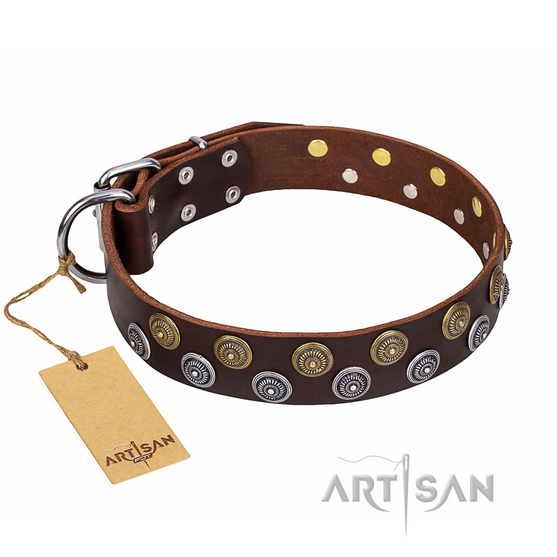 'Strong Shields' FDT Artisan leather Mastiff collar with stylish decorations - 1 1/2 inch (40 mm) wide
