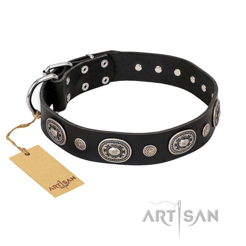 'Black Tie' FDT Artisan Black Leather Mastiff Collar with Old Silver-like Decorations - 1 1/2 inch (40 mm) wide