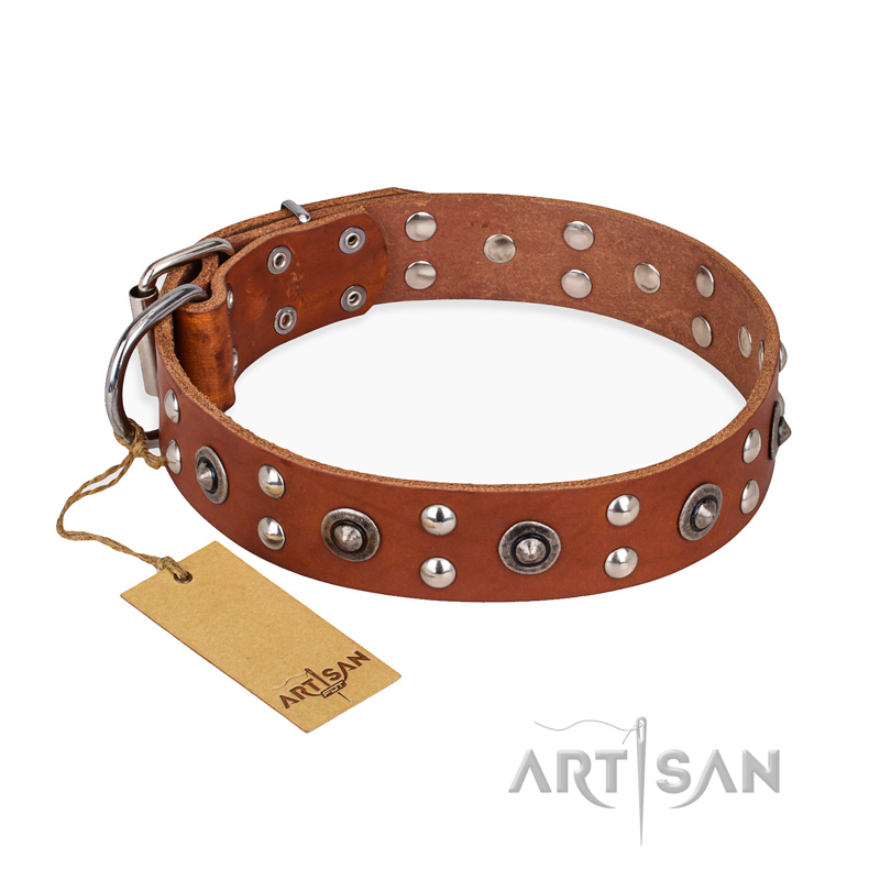 'Silver Elegance' FDT Artisan Tan Leather Mastiff Collar with Old Silver-Like Plated Studs and Cones 1 1/2 inch (40 mm) Wide