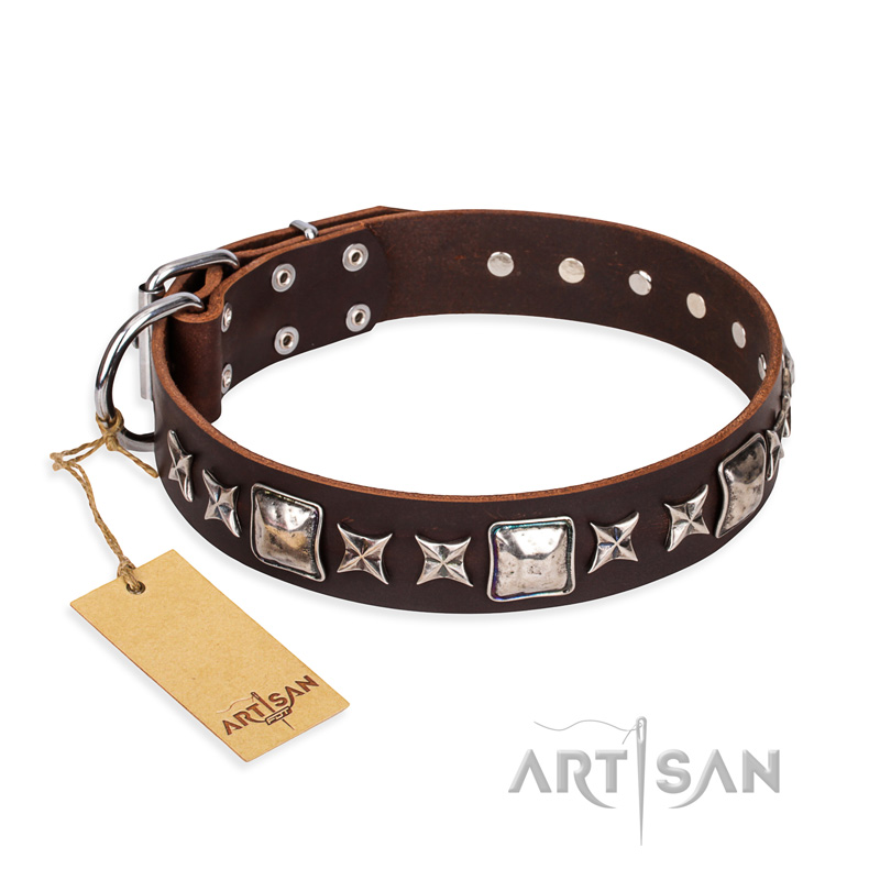 'Perfect Impression' FDT Artisan Brown Leather Mastiff Collar with Silvery Square Studs - 1 1/2 inch (40 mm) Wide