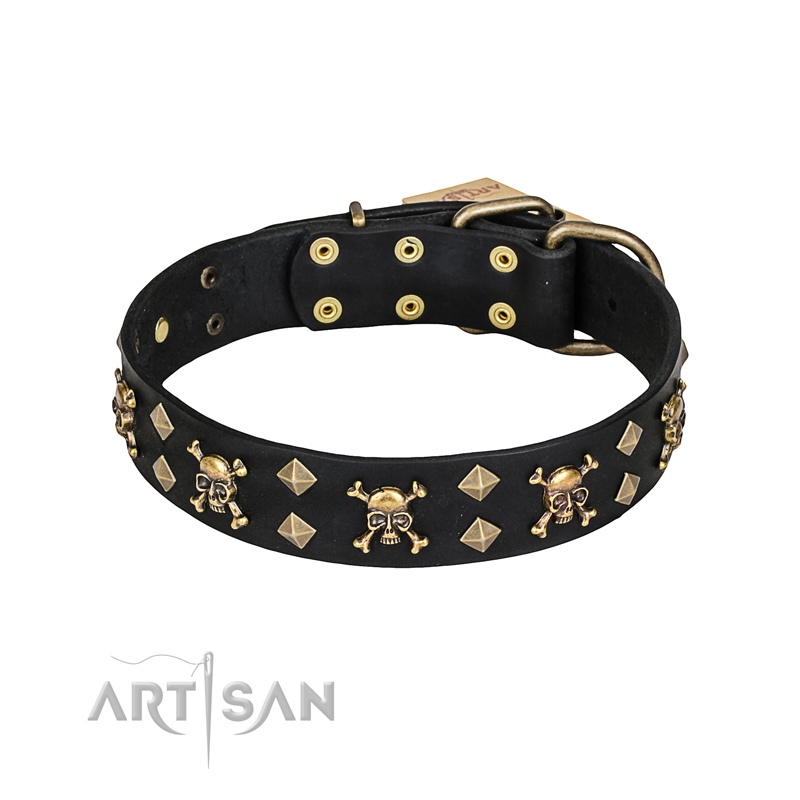 'Jolly Rojer' FDT Artisan Leather Mastiff Collar with Pirate Skulls and Studs - 1 1/2 inch (40 mm) wide