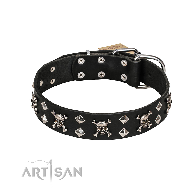 FDT Artisan 'Rock 'n' Roll Style' Fancy Leather Mastiff Collar with Skulls, Bones and Studs 1 1/2 inch (40 mm) wide