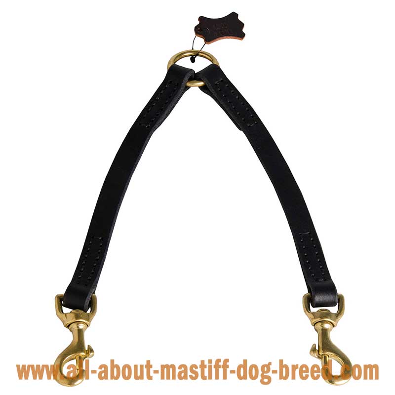 Mastiff Leather Coupler Leash for Walking Two Dogs - Length 12 inch