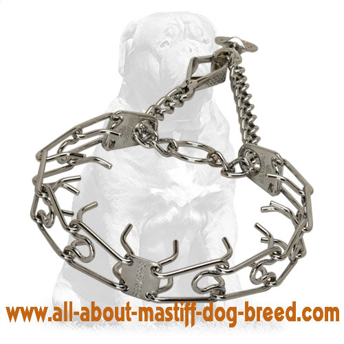 Mastiff pinch dog prong collar with swivel and small quick release snap hook 1/6 inch (3.9 mm) - steel chrome plated