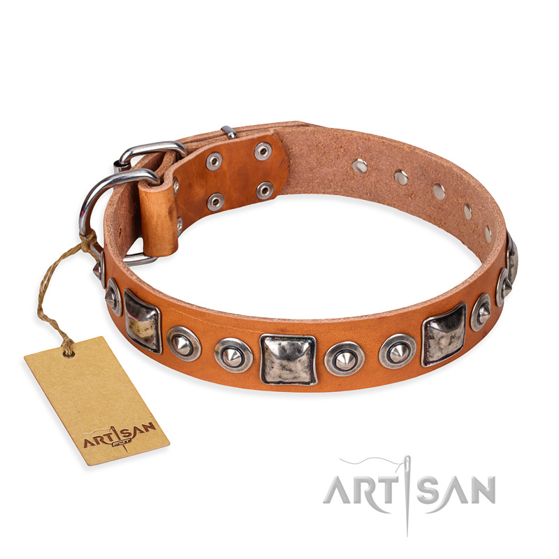'Era of Future' FDT Artisan Handcrafted Tan Leather Mastiff Dog Collar with Decorations
