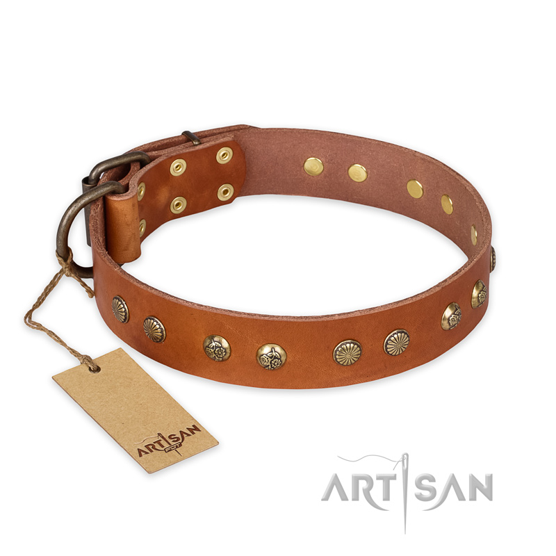 'Spring Flavor' FDT Artisan Mastiff Tan Leather Dog Collar with Old Bronze-Like Plated Engraved Studs 1 1/2 inch (40 mm) wide