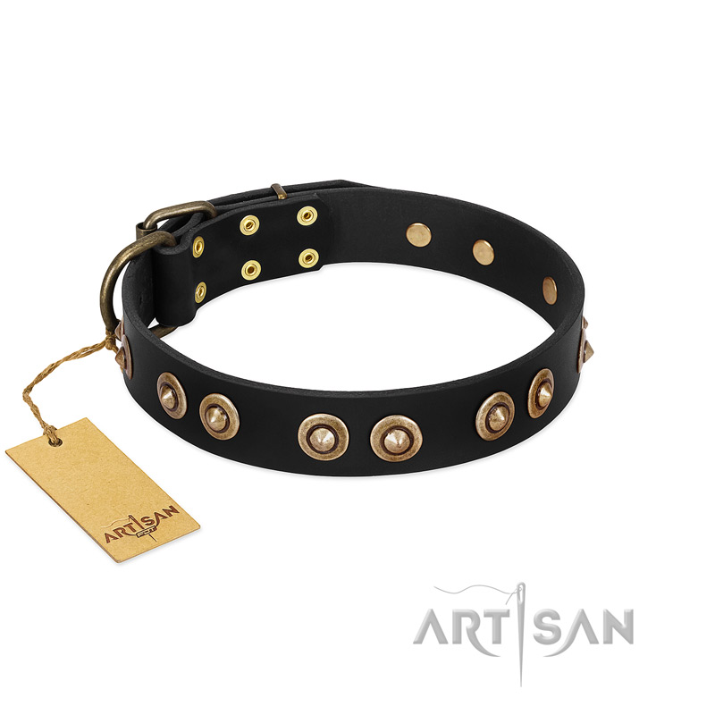 "Golden Artifact" FDT Artisan Black Leather Mastiff Collar with Old-bronze Covered Medallions