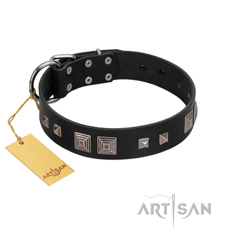 "Foregone Riches" FDT Artisan Black Leather Mastiff Collar with Old Silver-like Square Studs and Pyramids