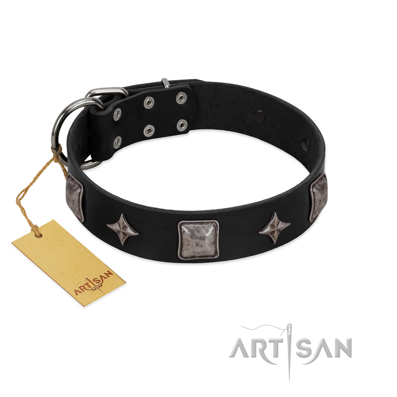 "Black Cavalier" Handmade FDT Artisan Black Leather Mastiff Collar with Silver-Like Stars and Large Plates