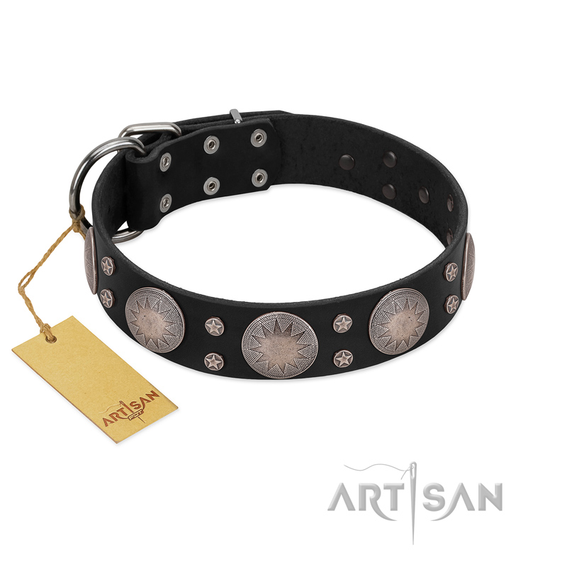 "Starry Sky" Trendy FDT Artisan Black Leather Mastiff Collar with Large Brooches