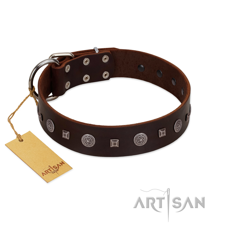 "Pure Sensation" Exclusive FDT Artisan Brown Leather Mastiff Collar with Fancy Brooches and Studs - Click Image to Close