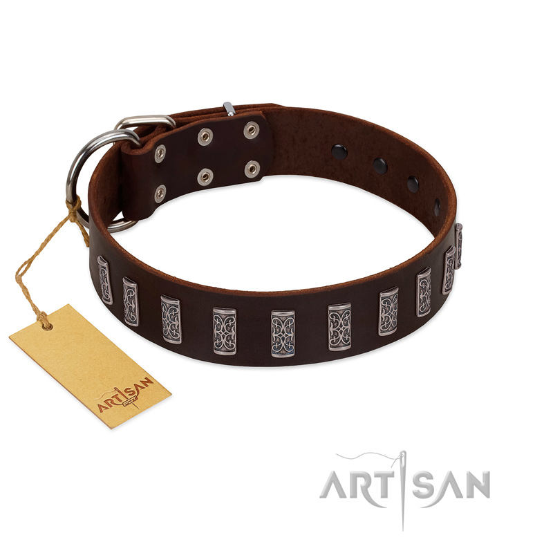 "Brown Lace" Handmade FDT Artisan Brown Leather Mastiff Collar for Everyday Walks
