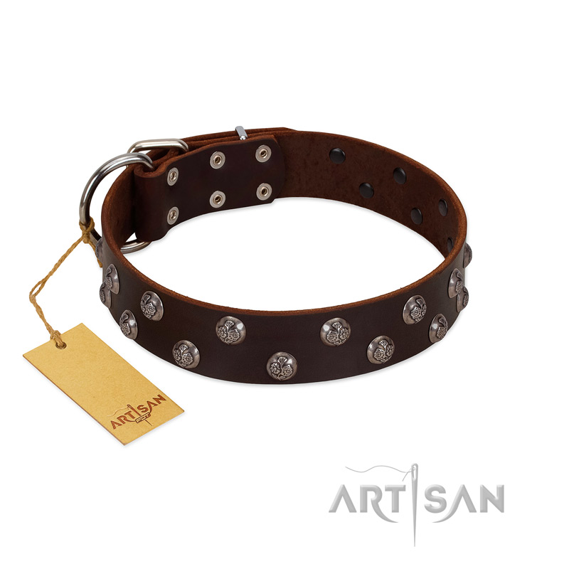 "Blossom Jewel" FDT Artisan Brown Leather Mastiff Collar with Two Rows of Silver-like Studs with Engraved Flowers