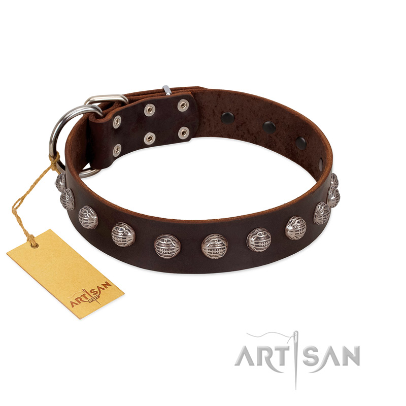 "Lucky Silver" Designer Handmade FDT Artisan Brown Leather Mastiff Collar - Click Image to Close
