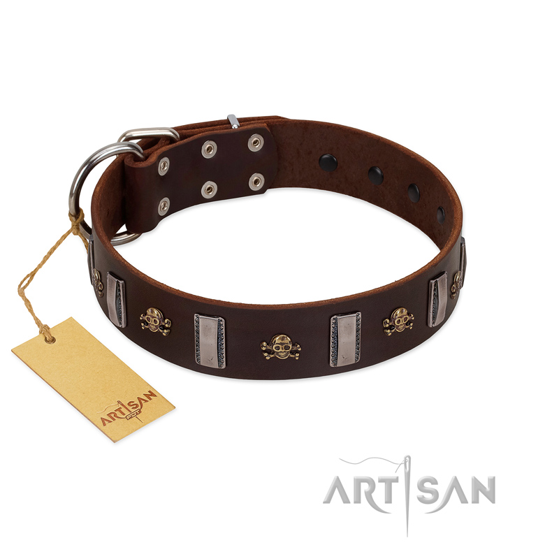 "War Chief" FDT Artisan Genuine Brown Leather Mastiff Collar with Skulls and Plates