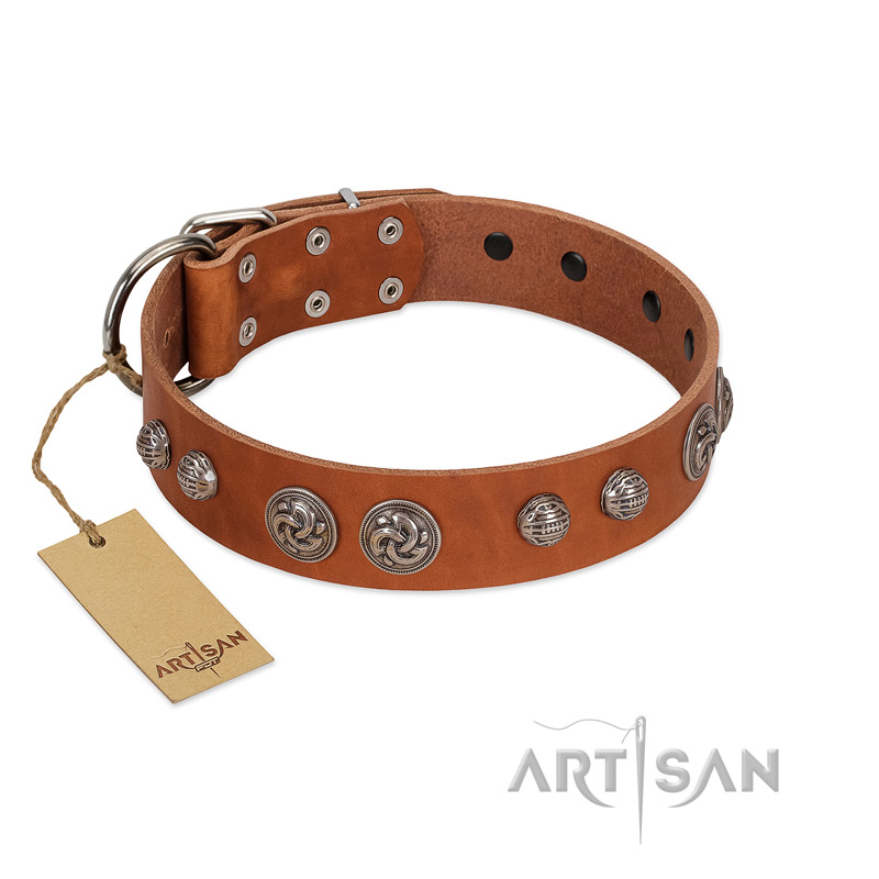 "Era Infinitum" FDT Artisan Tan Leather Mastiff Collar Adorned with Chrome-plated Circles