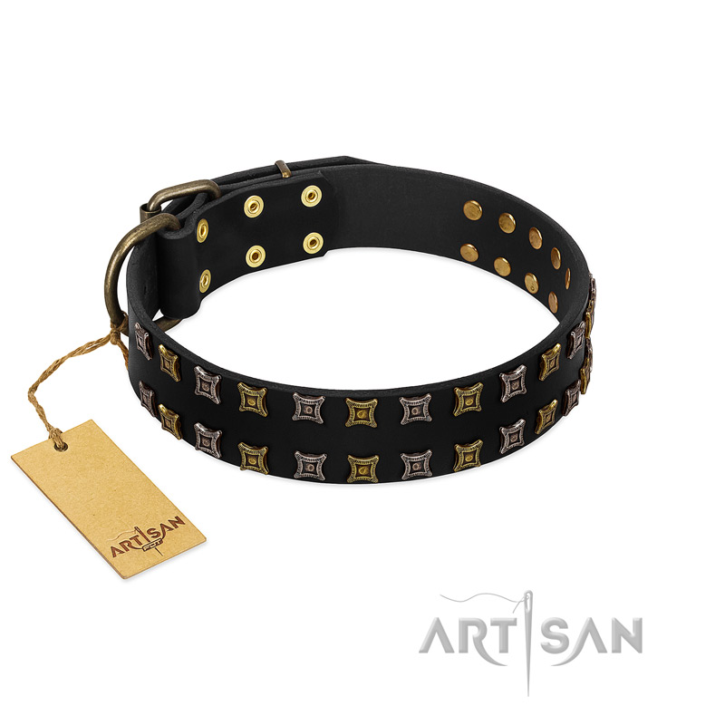 "Refined Pattern" FDT Artisan Black Leather Mastiff Collar with Two Rows of Stunning Decorations