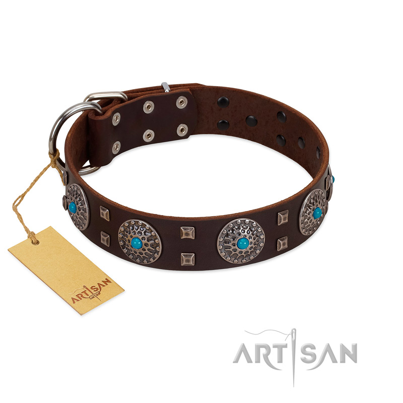 "Hypnotic Stones" FDT Artisan Brown Leather Mastiff Collar with Chrome Plated Brooches and Square Studs