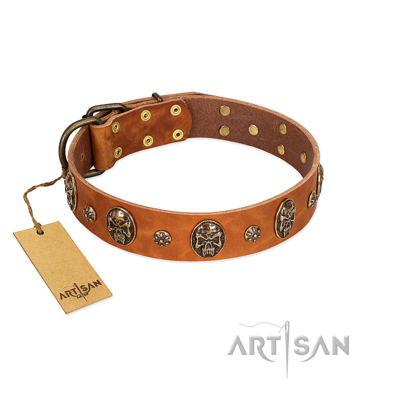 "Rockstar" FDT Artisan Tan Leather Mastiff Collar with Engraved Studs and Medallions