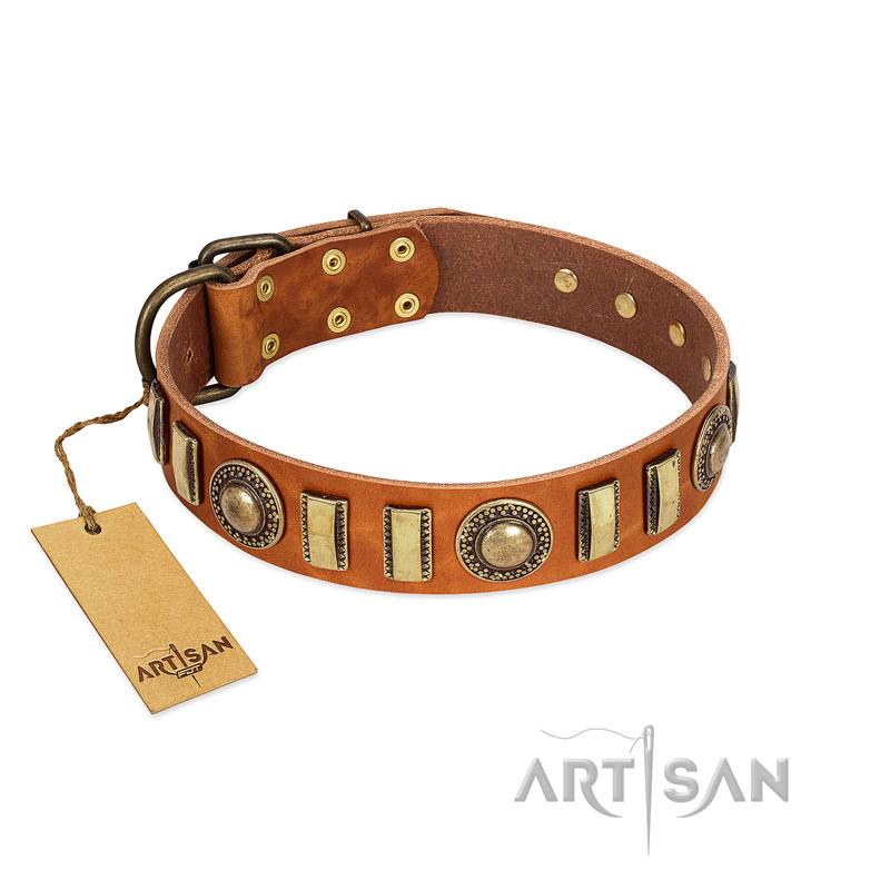 "Happy Hound" FDT Artisan Tan Leather Mastiff Collar with Elegant Decorations