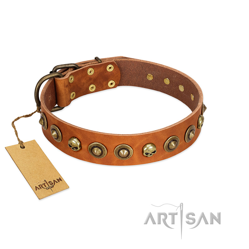 "Prez of the Pack" FDT Artisan Tan Leather Mastiff Collar with Skulls and Brooches