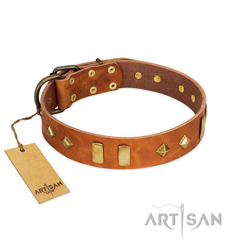 "Woofy Dawn" FDT Artisan Tan Leather Mastiff Collar with Plates and Rhombs