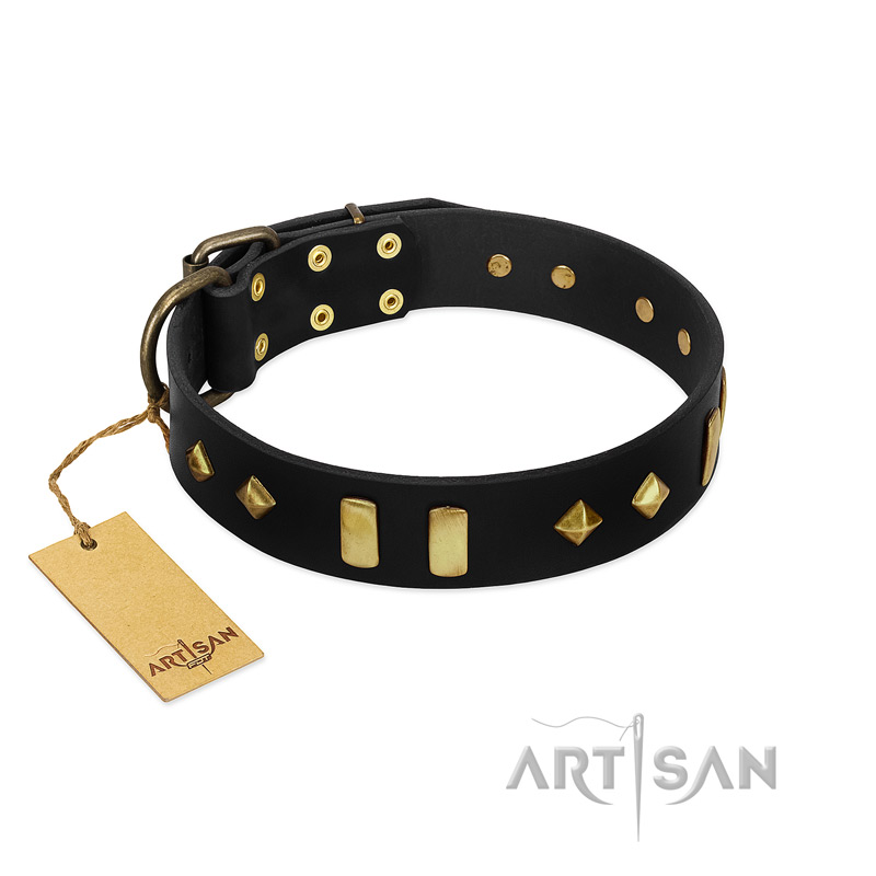 "De Luxe" FDT Artisan Black Leather Mastiff Collar with Old Bronze-like Plates and Studs