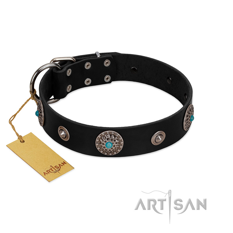 "Blue Gems" FDT Artisan Black Leather Mastiff Collar with Chrome Plated Studs and Conchos