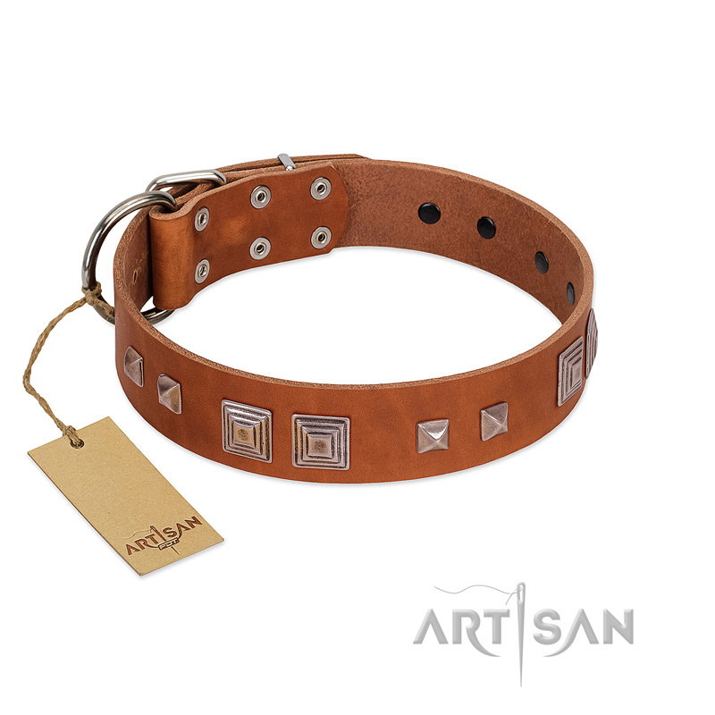 "Egyptian Gifts" Handmade FDT Artisan Tan Leather Mastiff Collar with Chrome-plated Pyramids