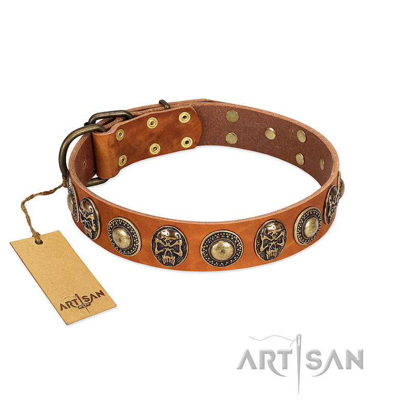 "Golden Epoch" FDT Artisan Tan Leather Mastiff Collar with Old Bronze-plated Medallions and Conchos