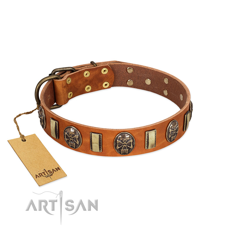 "Strike of Rock" FDT Artisan Tan Leather Mastiff Collar with Plates and Medallions with Skulls - Click Image to Close