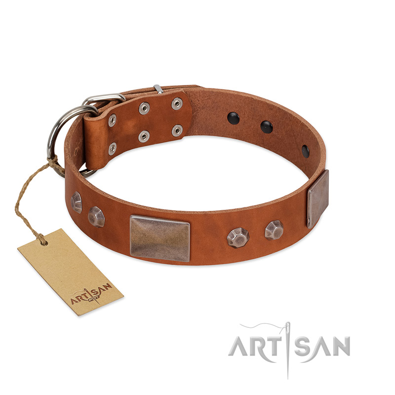 "Great Obelisk" Handcrafted FDT Artisan Tan Leather Mastiff Collar with Large Plates and Pyramids