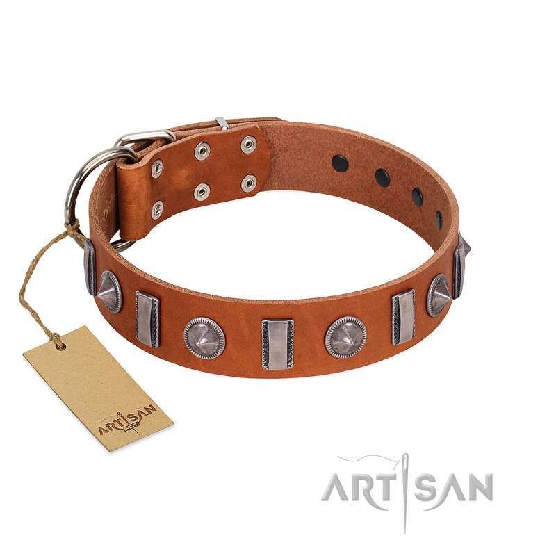 "Luxurious Necklace" FDT Artisan Tan Leather Mastiff Collar with Silver-Like Adornments